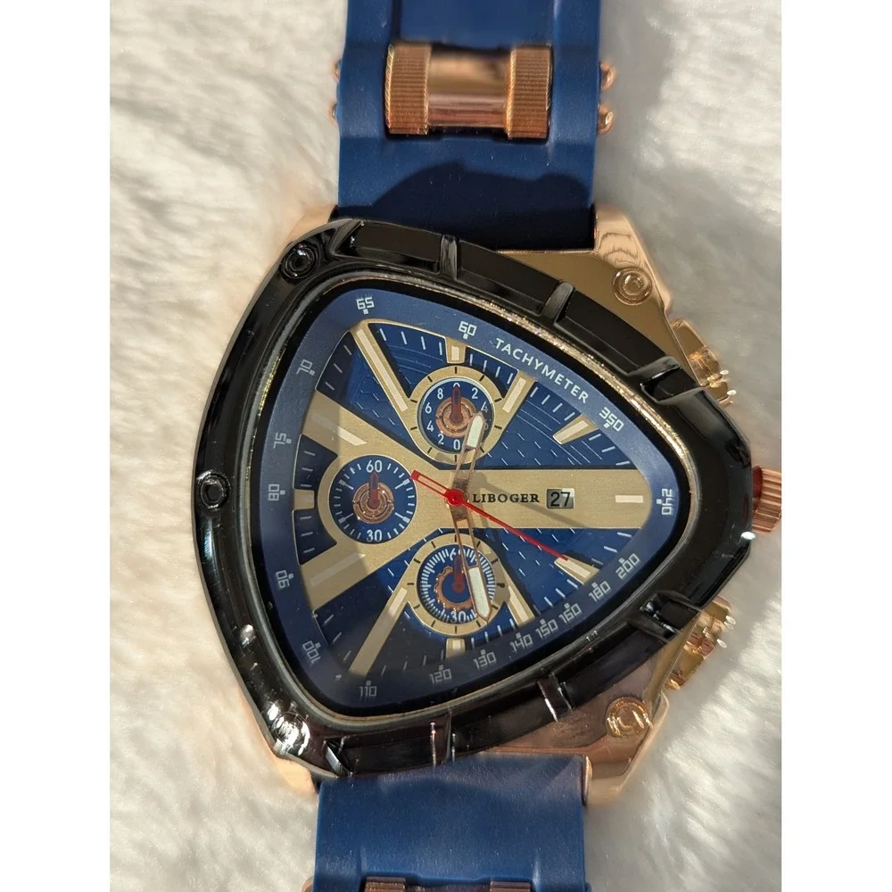 Liboger Wristwatch Mens OS Blue  Triangular Chronograph Silicone Strap Nwot